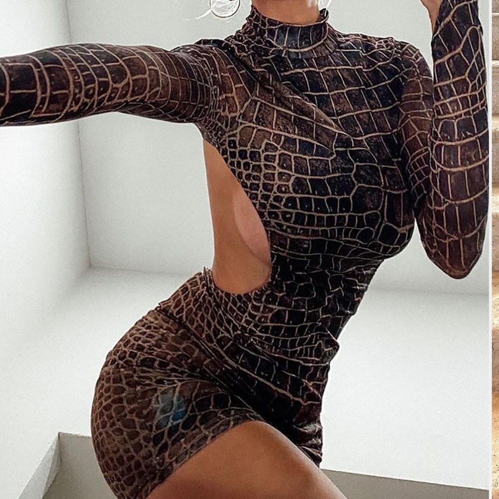 Brown Croc-Print Mesh Mini Dress with Cutout